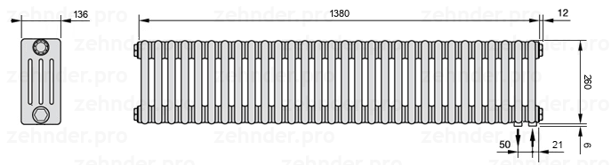 Схема (чертеж) Радиатор Zehnder Charleston 4026/30 №5510 Белый глянцевый RAL 9016
